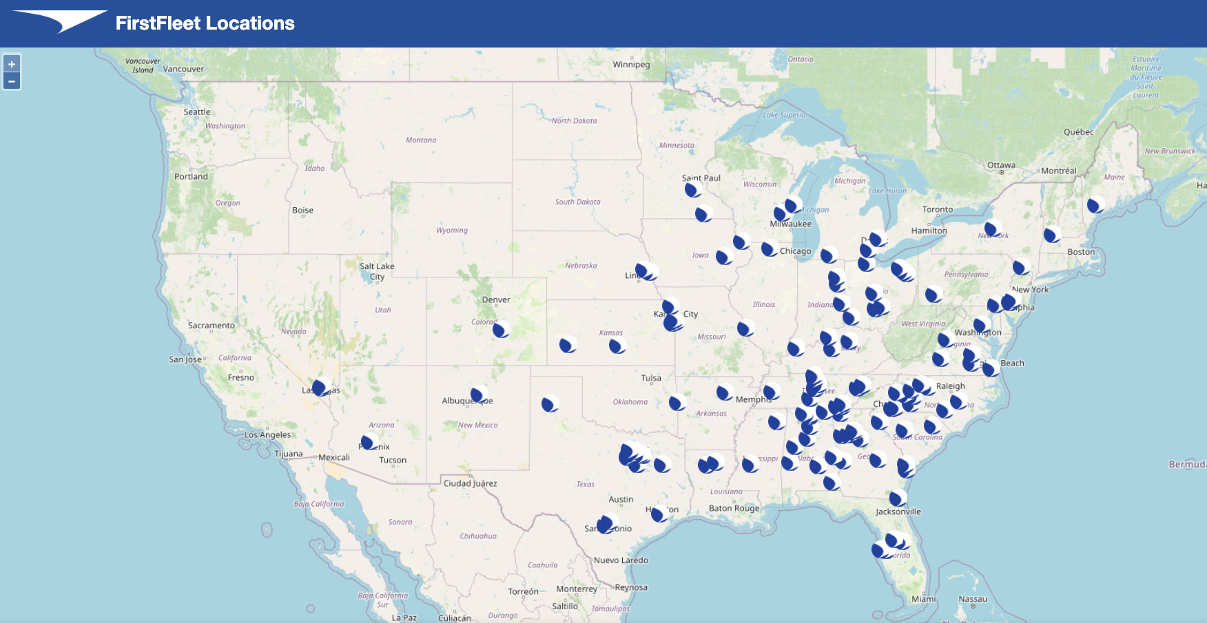 United States map showing all 150 cities where FirstFleet has offices